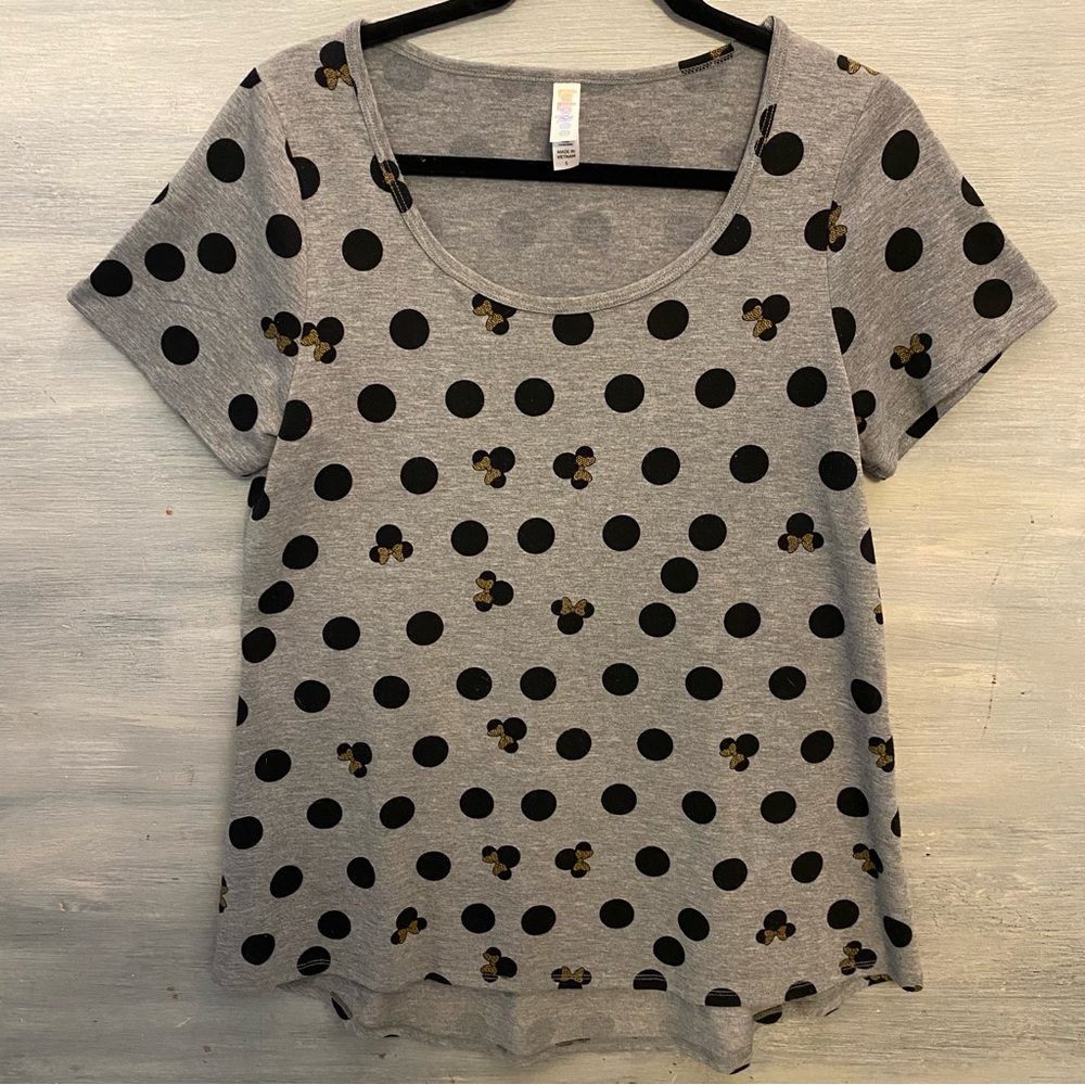 LuLaRoe Minnie Mouse Gray Gold Bow Print Top Shirt‎ Small Like New